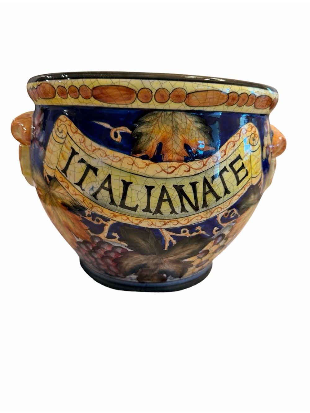 Italianate Hand-Painted Ceramic Planter in Blue and Gold
